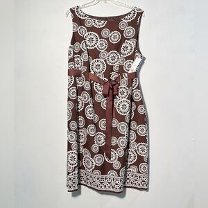 ELIZA J. NWT Cotton Medallion/Border BRN/WHT Garden Party Preppy Midi Dress 24